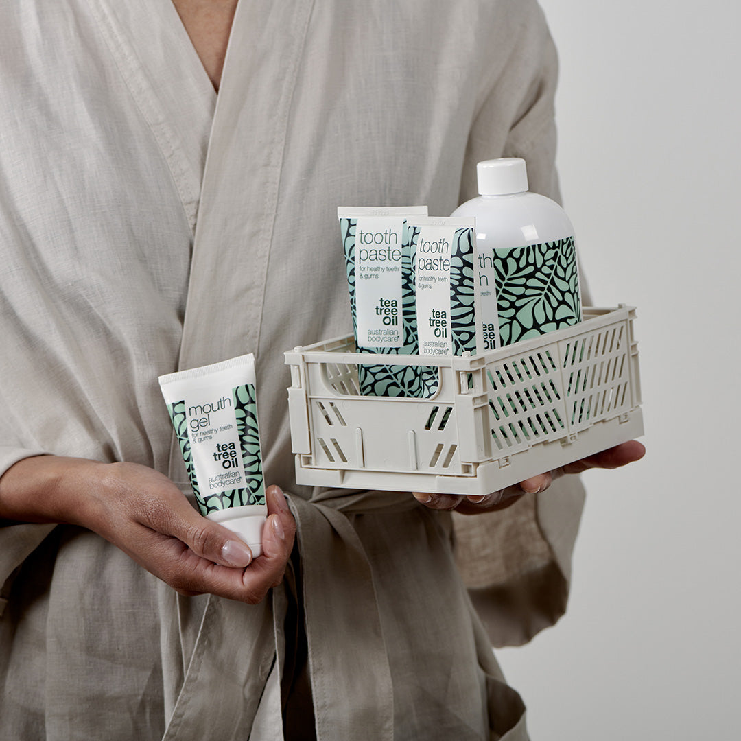 Pack Bucal de 4 productos con aceite de árbol de té - Para el cuidado diario de la candidiasis oral, periodintitis y gingivitis